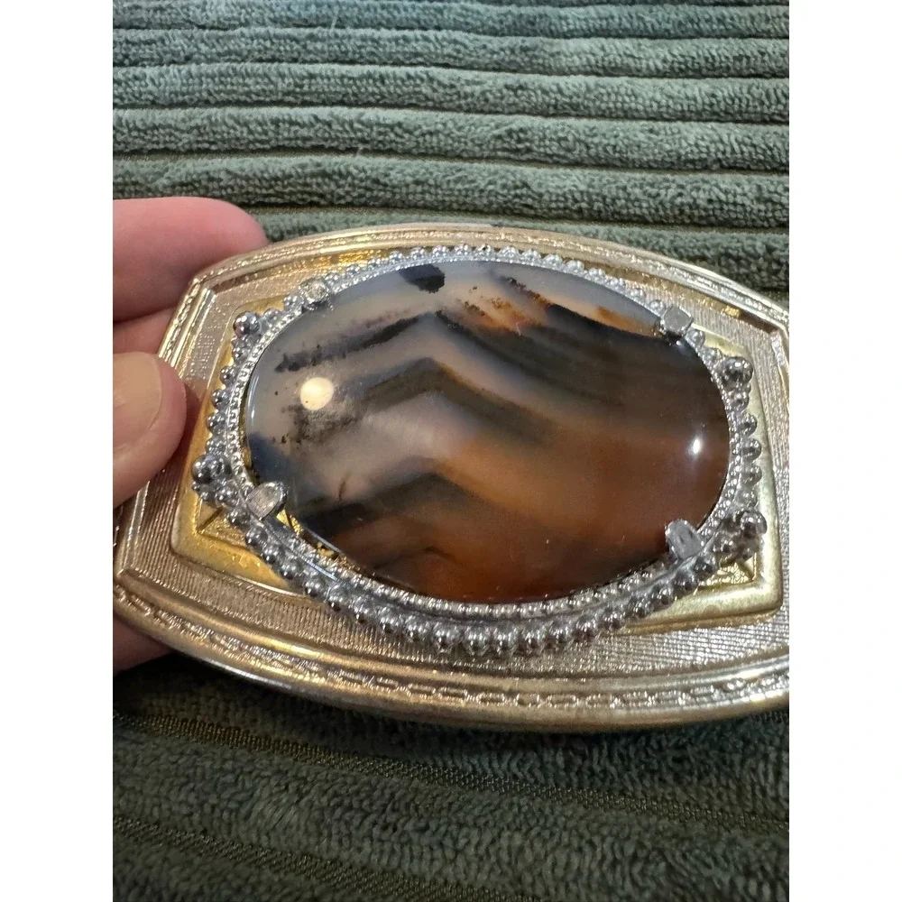 Vintage‎ Agate Stone Belt Buckle Silver Gold Tone Mens Western Accessory